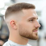 Photo of an attractive man with beard, and a side-part fade haircut in a barbershop