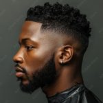 Profile of a Black Man with a Tapered Haircut and a Short Beard, Wearing a Black Barber Cape Against a Gray Background